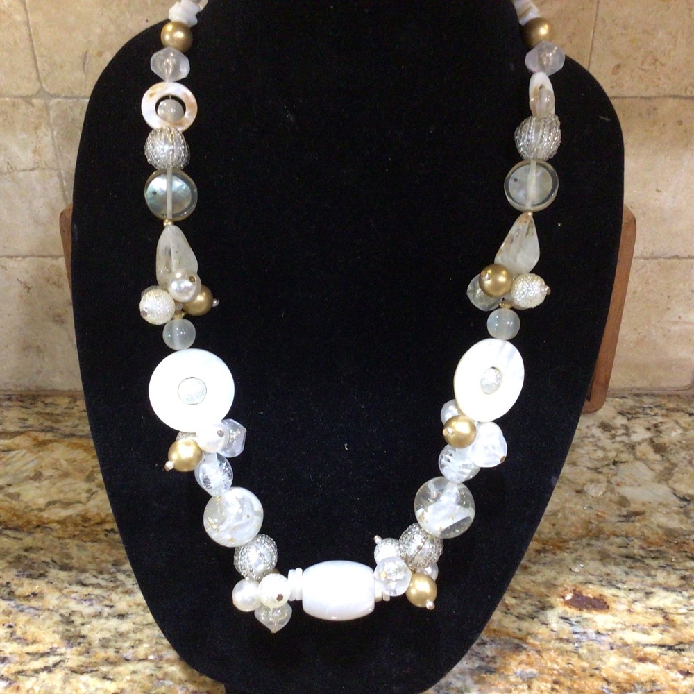 Elegant White and Gold Bead Statement Necklace